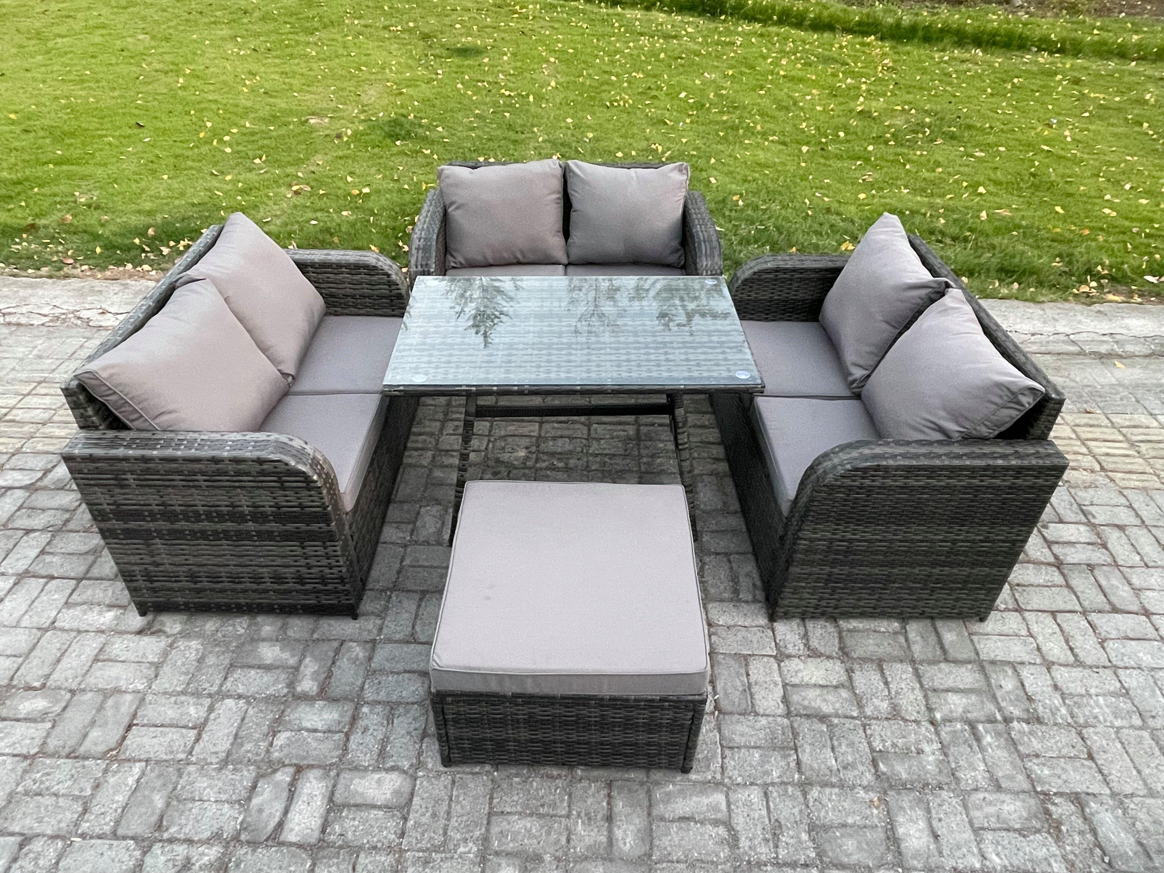 Rattan Garden Furniture Set 7 Seater Patio Outdoor Love Sofa Set with Rectangular Dining Table Big F